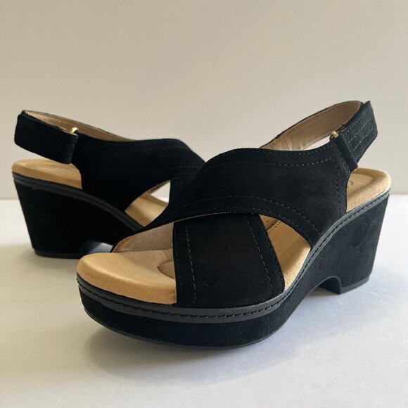 Clarks Comfort Giselle Cove Platform Wedge Suede Slingback Sandal in Blk/Blk 6 - Picture 9 of 16